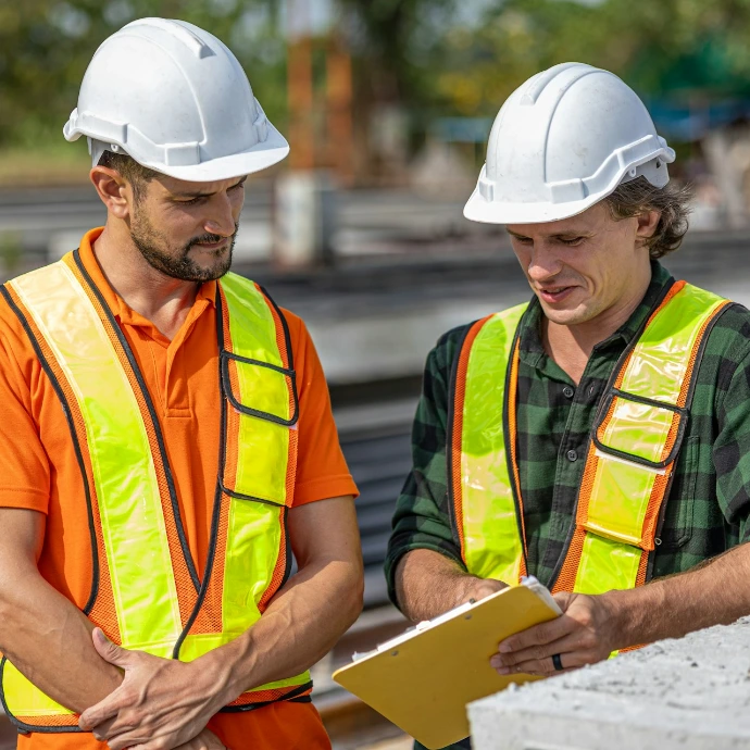 Construction workers review plans at a job site.